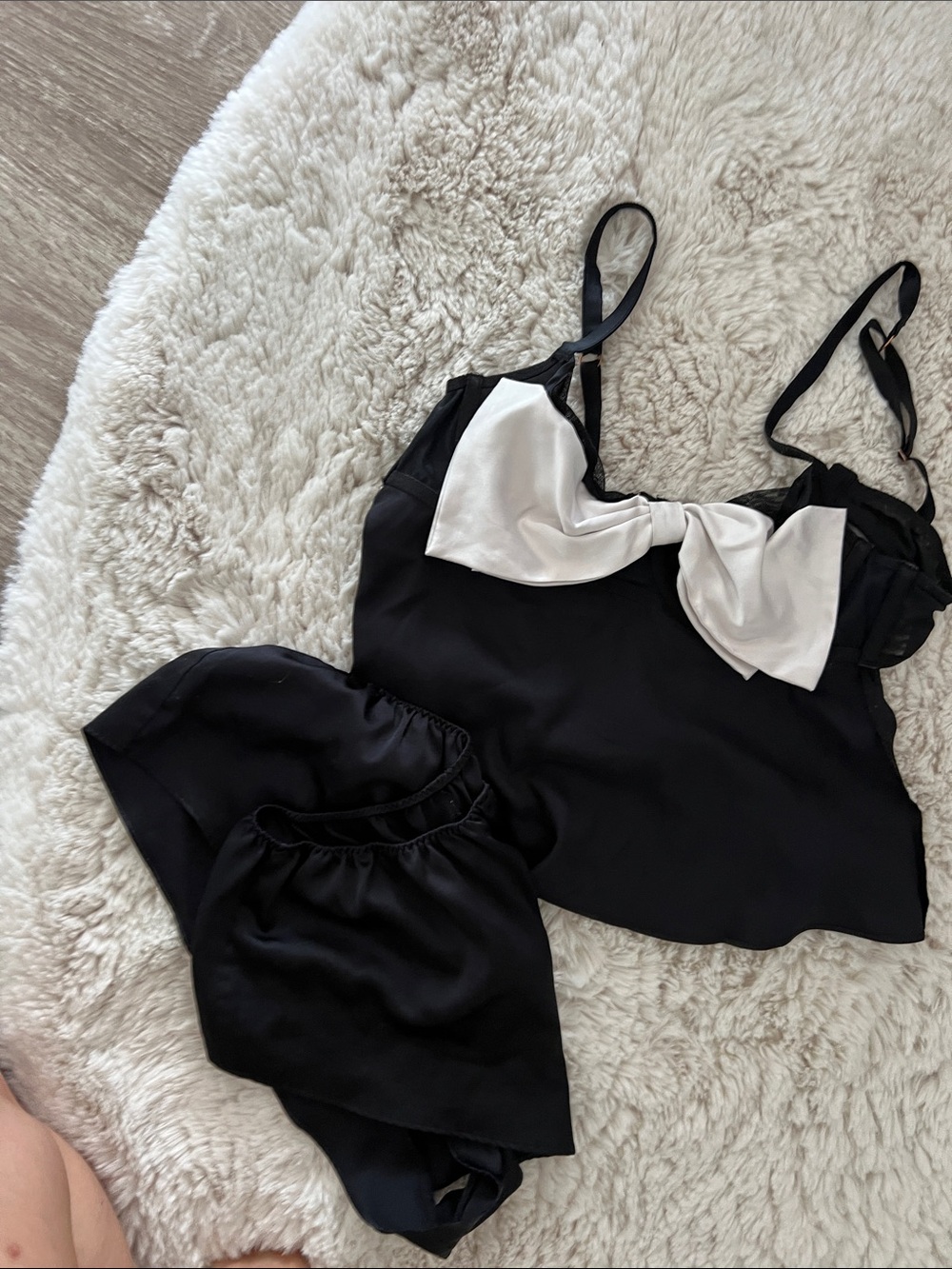 Victoria's Secret Black Satin Camisole & Shorts with White Bow